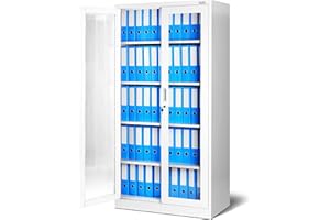Jan Nowak Armario de Oficina Archivador C012 Armario Metálico Vitrina de Cristal 4 Estantes Pintura en Polvo Metal 185 cm x 90 cm x 40 cm (Blanco)