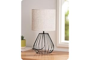 EDISHINE Bedside Lamp, Table Lamp with Metal Cage Base & Linen Lampshade, Modern Lamps for Living Room Bedroom, E14 Socket (Bulb Included), Teardrop Cage, Black