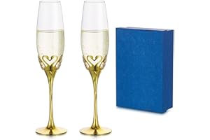 Inweder Juego de 2 copas de champán doradas para regalos de boda, base de metal creativa con cristales, copas de prosecco, copas de boda personalizadas para novia, novio, regalos de compromiso
