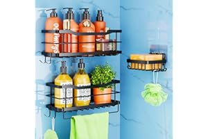 Gobikey Shower Caddy Shelf Storage Bathroom Organiser Shelves No Drill with Soap Holder, Black Stainless Steel Adhesive Shower Rack Accessories with 4 Hooks for Bathroom Kitchen Organization 2+1 Pack