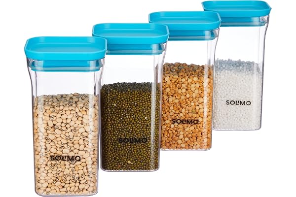 Amazon Brand - Solimo Plastic Storage Jar and Container Set I Air Tight & BPA Free Containers for Kitchen Storage Set I Grocery Kitchen Container Set I Multipurpose Jar, 1100 Ml Each, Set 4, Blue