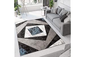 TAPISO Dream Tappeto Soggiorno Salotto Moderno Nero Grigio Blu Geometrico Quadrato A Pelo Corto 130 x 190 cm