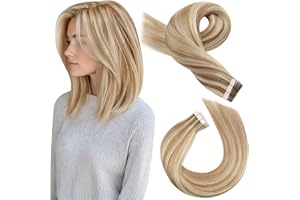 Moresoo Extensiones Adhesivas Invisible Humano Natural Extensiones Pelo Natural Adhesivas Mechas Castaño Medio Con Rubio Corto Extensiones Cabello 30cm 20Piezas 30G
