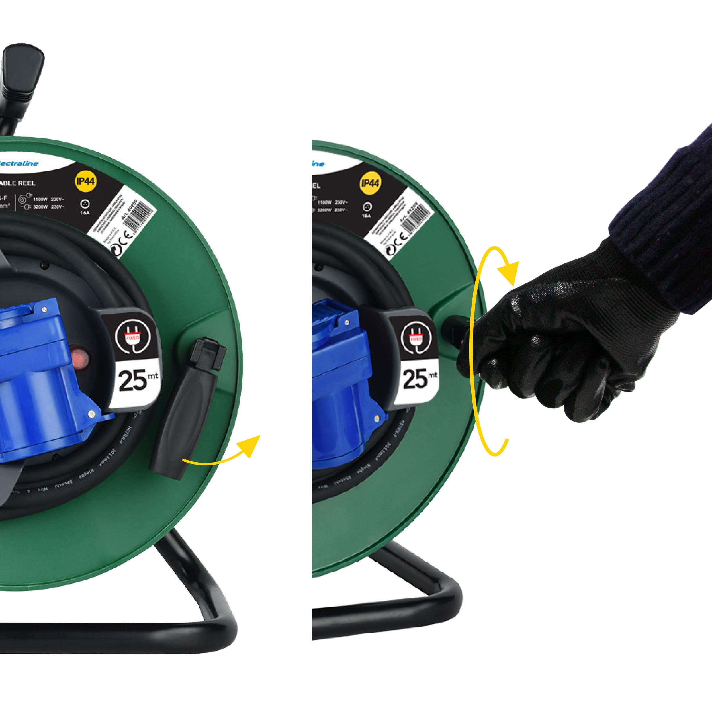 Prolunga In Gomma Con Avvolgicavo 25 M Electraline - Spina CEE 3 Poli, 2 Prese (industriale+Schuko). IP44, Per Camper, Cantieri, Esterno