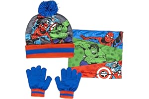 Marvel Boys Avengers Bobble Hat + Snood Scarf + Gloves Set Winter 3 Piece Set Kids Gift