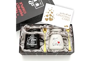 Sovyime Tasse à Café en Céramique, Coffret Cadeau Tasse Couple avec Couvercle et Cuillère, Tasse Cadeau Mariage Couple pour Mariée et Le Marié(One Great Fisherman, Best Catch of His Life)
