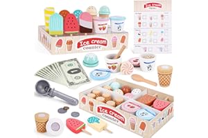 MELOFAVER Wooden Ice Cream Toys for Toddlers 3-5, Kids Wooden Toys Play Kitchen Accessories, Play Food Sets for Kids Kitchen, Pretend Play Toys Gifts for 3 4 5 Year Old Girls Boys Birthday Christmas