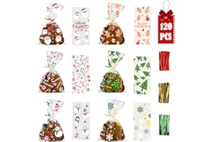 DIYDEC 120pcs Christmas Cellophane Candy Bags, Xmas Clear Treat Sweet Goody Bags with Twist Tie for Christmas Party Supplies