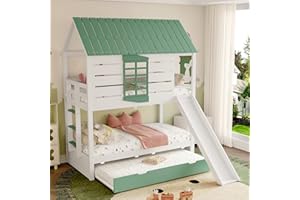 Gxffipw Etagenbett Kinderbett 90x200 cm mit Rausfallschutz und Ausziehbett 90x190 cm, Hochbett mit Rutsche und Dach, Hausbett Holzbett Bettrahmen mit Lattenrost und Leiter, Weiß+Grün, Ohne Matratze