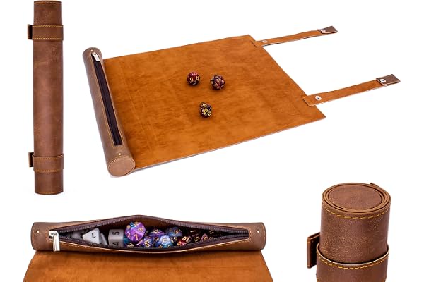 LORE Scroll Style Dice Mat för penna och papper tärningsspel som DND, Cthulhu, DSA - rullbar med tärningsfack och snäppstängning (Vegansk läder, brun, rullmatta som tärningsmatta)