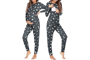 Ekouaer Still Pyjama Damen Schlafanzug Schwangerschaft Langarm Gestreift Thermo Umstandsschlafanzug Set Winter, S-XXL