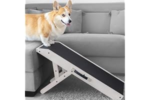PRIORPET Rampa dla psów – schody dla małych psów i dużych psów – regulowana 18-53 cm – do łóżka, sofy – drewno brzozowe – platforma do lądowania płynnie się zamyka – rampa dla psa składana – wkładka