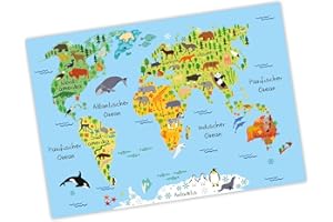 nikima - Kinder Weltkarte Blau Poster Plakat Tiere Erde Wandbild Kinderzimmer schöne Wanddeko Kontinente (A1-841 x 594 mm)