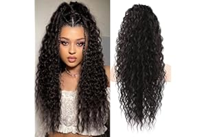 ‎FLUFYMOOZ FLUFYMOOZ Ponytail Extension Pferdeschwanz Haarverlängerung, 66 cm, Bohemian-Stil, Pferdeschwanz Haarverlängerung mit Kordelzug für Frauen, langer lockiger, gewellter Pferdeschwanz (Schwarzbraun)