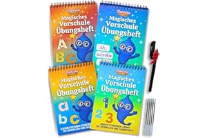‎DANCINA Magische Vorschule Übungshefte ab 5 für Jungen und Mädchen – Spielerisch Buchstaben, Wörter & Zahlen Schreiben Lernen mit Zaubertinte & Spurrillen - 4 Vorschulhefte mit Stift