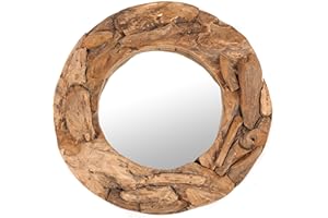 DESIGN DELIGHTS Okrągłe lustro ścienne z drewna tekowego 60" | drewno tekowe (erozowane), naturalne, Ø 60 cm | lustro z drewna dryfującego z drewnianą ramą