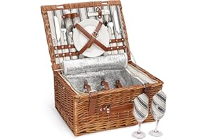 HappyPicnic Willow Picknickkorb Set für 2 Personen mit großer isolierter Kühltasche und Besteckservice Kit | Wicker Picknickkorb für Camping, Outdoor, Weihnachten, Thanksgiving, Geburtstag