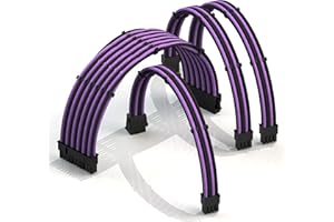 LINKUP - 50cm Super Soft and Flexible PSU Cable Extension Sleeved Custom Mod GPU PC Braided w/Comb Kit | 1 x 24 P (20+4) | 2 x 8 P (4+4) CPU | 2 x 8 P (6+2) GPU set | 500mm - BlackPurple