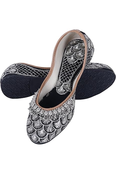 Fulkari Women's Pansy Black Gold Genuine Soft Leather Embroidered