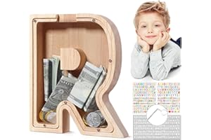 MoneRffi Personalized Letters Wooden Piggy Bank, A-Z Letters Coin Bank Money Box with Clear Alphabet Stickers, Money Saving Bank For Family Christmas Birthday Gift Home DIY Decoration