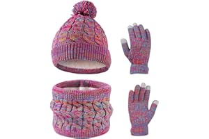 Waylipun Wintermütze Schal Handschuhe Set für Mädchen Jungen, 3 in 1 Warm Winte Strickmütze Kinder Mütze Set mit Plüsch Innenfutter für Kinder 3-10 Jahre