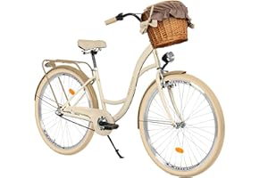 MILORD BIKES Milord Komfort Fahrrad mit Weidenkorb, Hollandrad, Damenfahrrad, Citybike, Retro, Vintage, 28 Zoll, 3-Gang, Creme-Braun