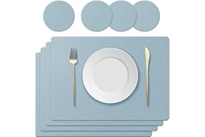 KERYCHIN 4 Silicone Placemats + 4 Non-Slip Table Coasters with Leaf Pattern Set, Heat Resistant 230 °C, Waterproof Place Mat for Kitchen, Home, Restaurant, Dining Table, 40 x 30 cm, Light Blue