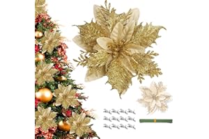 PROBUK 12PCS Poinsettia Flower, Glitter Poinsettia, Christmas Glitter Poinsettia Faux Flowers with Clips & Stems, Artificial Gold Flowers for Christmas Tree, Christmas Tree Decorations for Home Party Decor