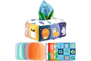 BBLIKE Zabawka dla niemowląt Montessori zabawka sensoryczna dla niemowląt, dinozaur, pudełko na chusteczki z 8 kolorowymi chusteczkami i 6 papierem trzaskającym, zabawka dla dzieci od 18+ miesięcy,