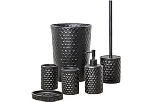 ZCCZ Bathroom Set - 6-Piece Organiser Set with Toilet Brush, Bin, Toothbrush Holder, Soap Dispenser, Soap Dish and Mug - Elegant Decoration in Black with Hexagon Pattern for Modern Bathroom
