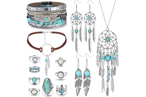 Milacolato Biżuteria zachodnia dla kobiet naszyjnik turkusowy wisiorek western drop kolczyki turkusowe sztuczne skórzane paski warstwowe Boho Knuckle Rings Set Bohemian Jewelry Set