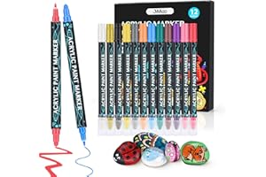 Tesmien Dual Tip 12 Colors Acrylic Paint Pens for Rock Painting,1-5mm Waterproof Colouring Pens for Kids Adults Drawing,Acrylic Paint Markers for Rocks,Wood,Glass,Fabric,Stone&Canvas