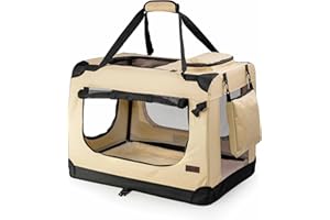 lionto Hundetransportbox faltbar für Reise & Auto, 50x34x36 cm, stabile Transportbox mit Tragegriffen & Decke für Katzen & Hunde bis 10 kg, robuste Hundebox aus Stoff für klein & groß, beige