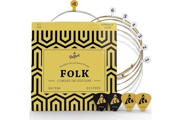 BELFORT® Cordes VAINQUEUR DE TEST 2019 - Pour guitare folk & acoustique - BONUS : Ebook gratuit + 4 plectres - en Phosphor Bronze (lot de 6) (1 jeu – 6 cordes + 1E sup. (.011/.052))