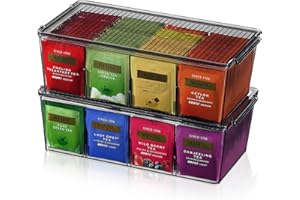 Lifewit Caja para Té e Infusiones Juego de 2, Plásticos Caja Organizadora para Café y Especias, Soporte Bolsitas de Sobres Edulcorante para Encimeras Cocina, Armarios, Despensa, Sección 8, Negro
