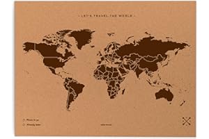Miss Wood Map L, Mappa del mondo di Sughero, 45 x 60 cm, Naturale/Marrone