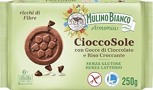 Mulino Bianco CioccoSole Biscotti Frollini Senza Lattosio e Senza Glutine al Cioccolato e Riso con Gocce di Cioccolato 250 g