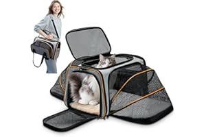 ALLSOPETS Transportín Extensible para Gatos y Perros Pequeños, Bolsa Plegable Suave con Ampliaciones Laterales, Cojín Extraíble y Bolsillos, Ideal para Viajes Coche y Avión (Gris & Naranja)