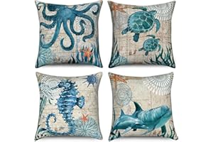 Hnmdmyi Funda de Cojín Náutica 45x45 Juego de 4, Mar Mediterráneo Costa de la Playa Pulpo Tortuga de Mar Caballito de Mar Delfín Decorativa Funda de Cojín de Lino Océano para Sofá Exterior Home Decor