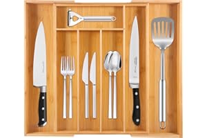 DICLLY Portaposate da Cassetto in Bambù - Espandibile 5 a 7 Scomparti,Vassoio da Posate Cucina,Porta Posate Cucina Bambù Naturale Regolabile 32.2x43/50x43cm,Ideale per Cucchiai,Forchette e Coltelli