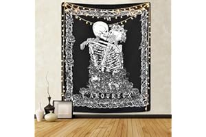 Alishomtll - Arazzo da parete con scheletri e fiori “The Lovers”, carta dei tarocchi, decorazione romantica per la camera da letto e la casa, 150 x 130 cm, colore: bianco e nero