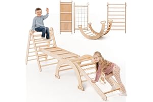GOODEVAS Extra Large 4-in-1 Indoor Climbing Frame for Toddlers - Wooden Triangle, Arch & Climbing Ramp & Net, Montessori Climbing Frame, Kids Wooden Gym, Foldable Climbing Toys for Kids 1-5 Age