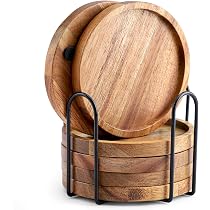 WLWNWFT Sottobicchieri in legno rotondo per bicchieri, set da 6 pezzi, sottobicchieri in legno di acacia e sughero con supporto, sottobicchieri in