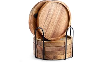 Acacia Wood Coasters for Drinks with Lip, WLWNWFT Round Drink Coasters with Holder for Coffee Table Dining Table Wooden Table Coasters for Farmhouse Desk, Set of 6