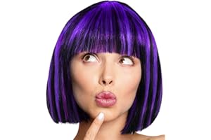 BALINCO Peluca Bob Peluca Cabaret Pageboy Charleston Pelucas para Carnaval/Disfraces y Fiestas de Lemas - 18 COLORES (Negro con Mechas Morado)