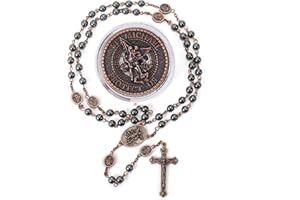 Nazareth Store Rosario de San Miguel, collar de cuentas de piedra de hematita, cuentas de gloria, medalla de arcángel y crucifijo para hombres y mujeres en caja de metal