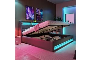 AUTHERIA Letto Matrimoniale con Contenitore 160x200 cm con LED e USB, Letto una piazza e mezza con Vano Portaoggetti e Testiera, Letto contenitore con spazio e rete a doghe, Struttura Letto Matrimoniale