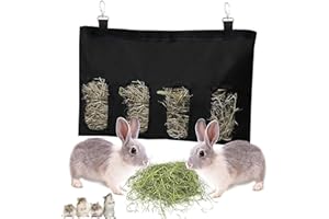 BSSOWE Kaninchen Futterspender Stoffbeutel, Meerschweinchen Heu Futterspender, Hase Futterspender Sack, Hängender Futtersack, Heutasche für Hase, Chinchilla, Hamster und Kleine Tiere (4 Öffnungen, Schwarz)