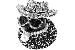Fukaisu Diamond Rubber Duck, Funny Tiny Duck Mini Car Ornament with Small Glasses & Miniature Pearl Necklace & Hat Dashboard Decoration for Cool Office Car Accessory (Black)