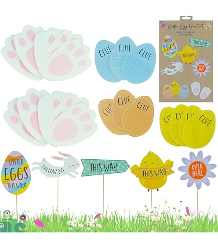 Easter Egg Hunt Kit With 5 Signs, 20 Bunny Feet & 10 Clue Eggs - Fun Decorations For Kids
